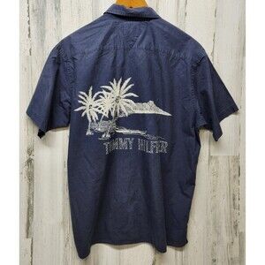 Vintage Tommy Hilfiger Shirt Men L Navy Surfers Tropical Island Big Spell Out
